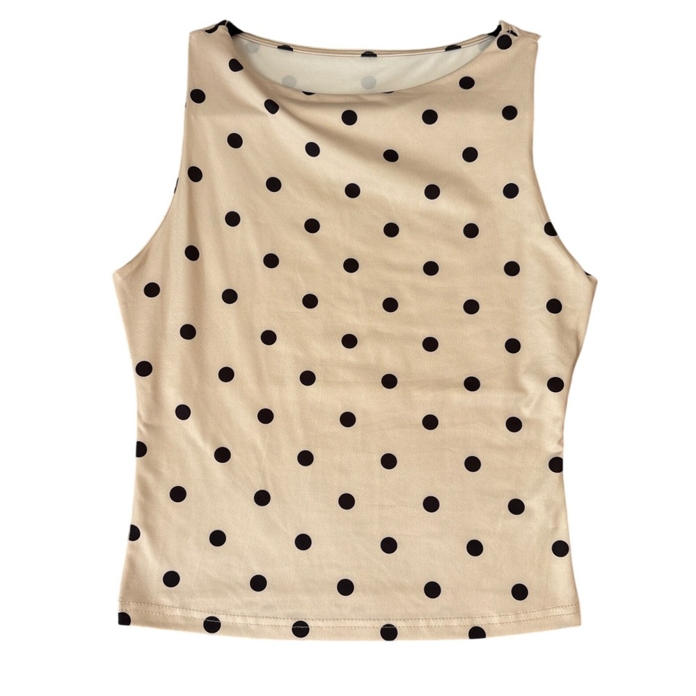 Polka Dot Tank Top Women Tan Black Sleeveless Boat Neck SIZE Medium
